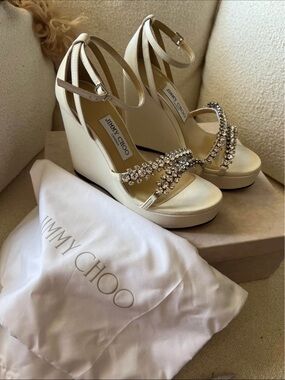 Jimmy Choo Ivory Crystal-Strap Wedge Sandals with Ankle Tie